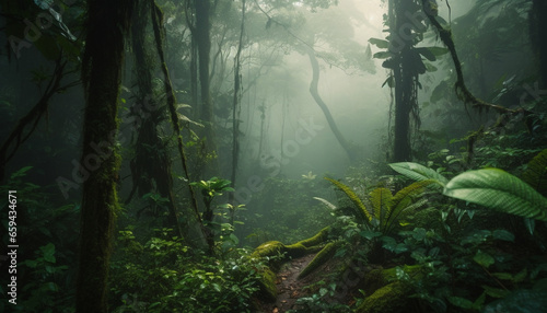 A mysterious fog shrouds the spooky forest generated by AI