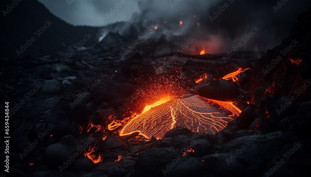 Burning mountain erupts, flowing lava destroys landscape generated by AI