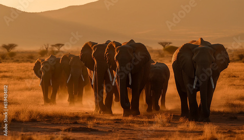 African elephant herd walking in tranquil wilderness generated by AI