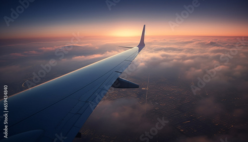 Sunset journey above urban skyline in commercial airplane aerial view generated by AI