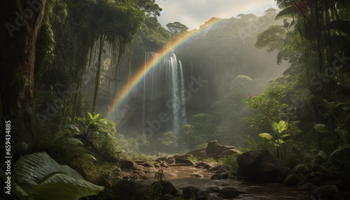 Rainbow over tropical rainforest  a fantasy heaven generated by AI