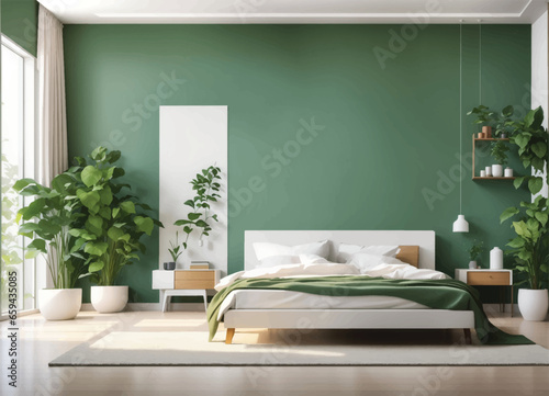 Bedroom with furniture and window. Wardrobe with clothes and mirror. Flat style vector