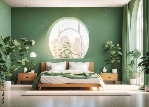 Bedroom with furniture and window. Wardrobe with clothes and mirror. Flat style vector