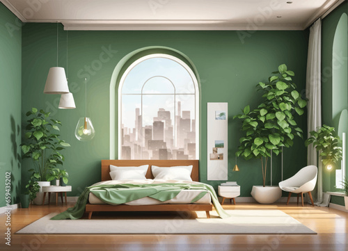 Bedroom with furniture and window. Wardrobe with clothes and mirror. Flat style vector