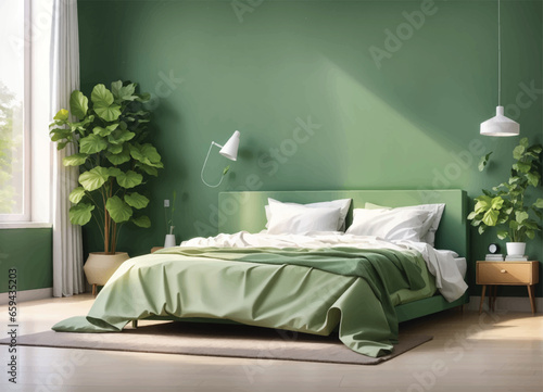 Bedroom with furniture and window. Wardrobe with clothes and mirror. Flat style vector