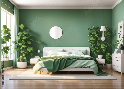 Bedroom with furniture and window. Wardrobe with clothes and mirror. Flat style vector