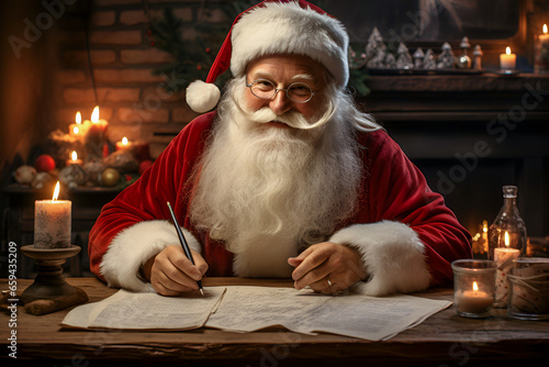 Portrait of an elderly man in a Santa Claus hat and a long beard sitting at a table and writing a letter