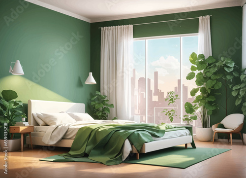 Bedroom with furniture and window. Wardrobe with clothes and mirror. Flat style vector