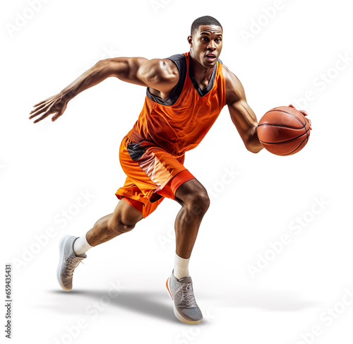 Basketball player with ball isolated on white background. Generated AI image illustration. Sports concept © Uros Petrovic