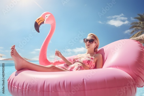 Woman sunbathing relaxing with swimming pool with pink flamingo float. Beach vacation summer travel .