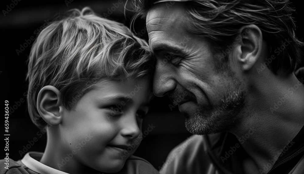 Father and son embrace in nature, smiling with love and happiness generated by AI