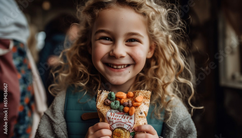 Smiling Caucasian girl enjoying sweet food, holding cookie, looking playful generated by AI