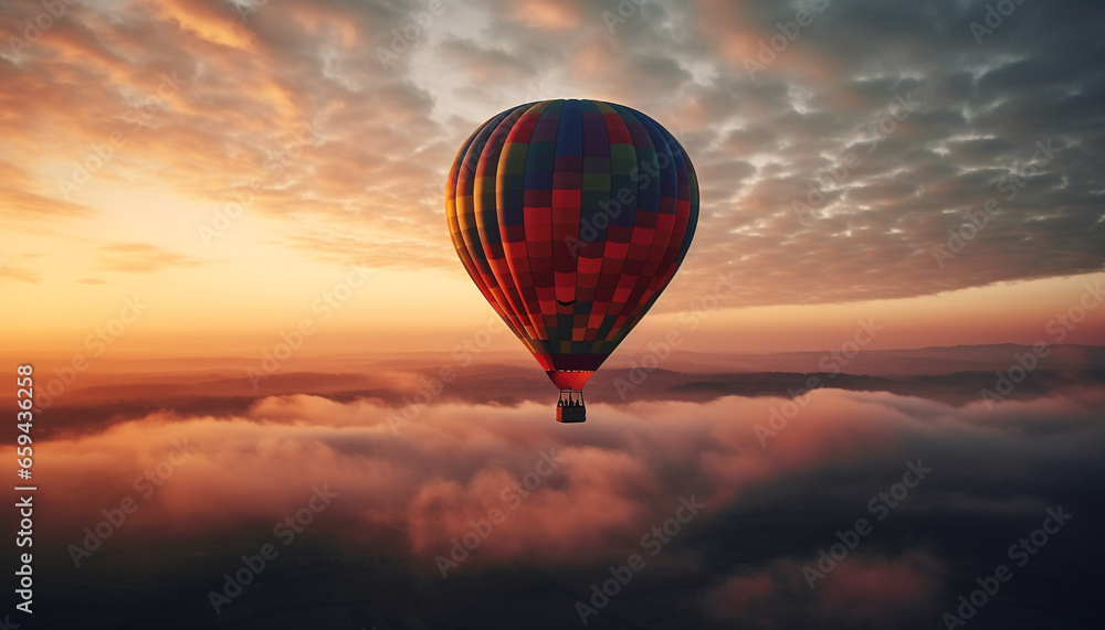Levitating hot air balloon soars high in vibrant sky journey generated by AI