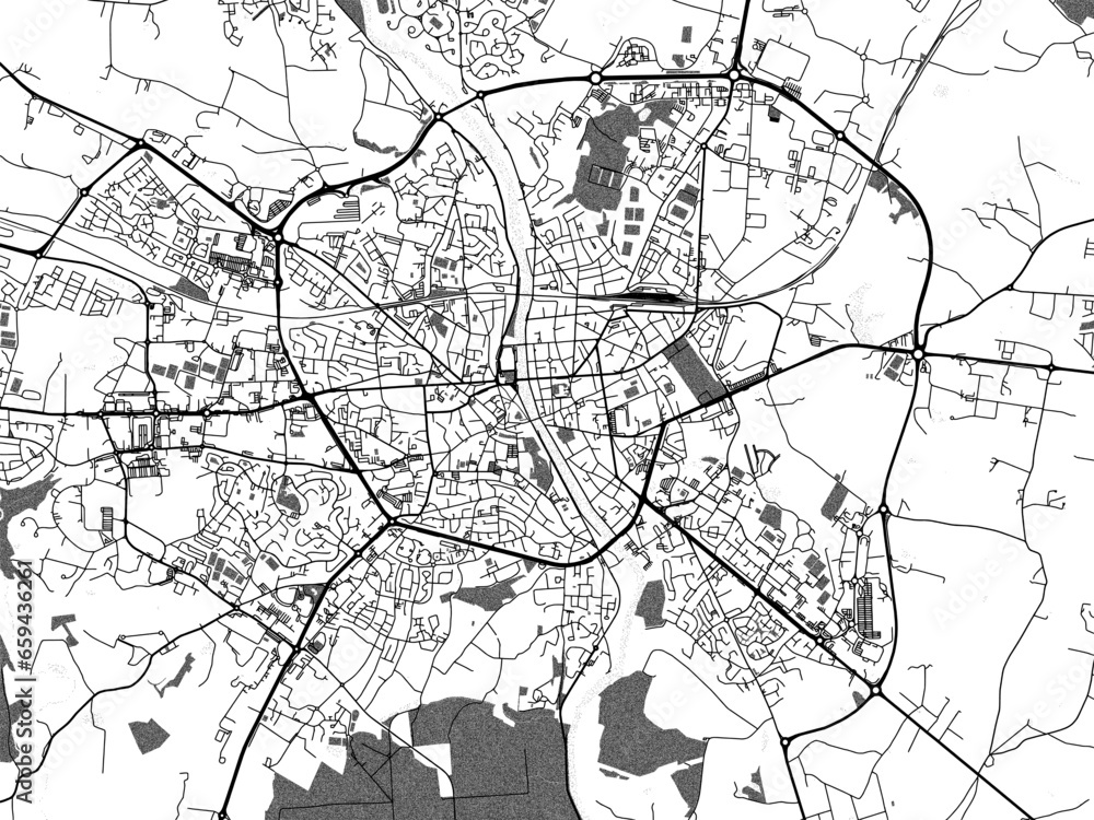Greyscale vector city map of  Laval in France with with water, fields and parks, and roads on a white background.
