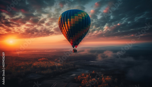 Multi colored hot air balloon flying high up in mid air adventure generated by AI