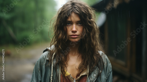 Young adult attractive European woman in  forest, beautiful lady pretty model with curly hair, freckles looking at camera on outdoor, close up face portrait. Hippie style, natural beauty