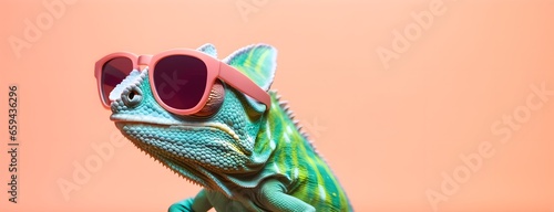 Chameleon in sunglass shade on a solid uniform background, editorial advertisement, commercial. Creative animal concept. With copy space for your advertisement