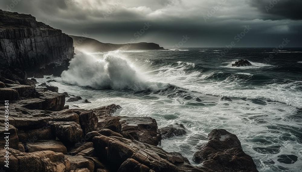 Fototapeta premium Majestic coastline, rough waters crash against cliff, horizon over water generated by AI