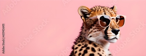 Cheetah in sunglass shade on a solid uniform background, editorial advertisement, commercial. Creative animal concept. With copy space for your advertisement © 360VP