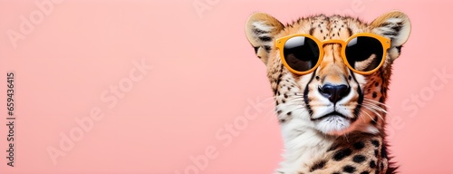 Cheetah in sunglass shade on a solid uniform background, editorial advertisement, commercial. Creative animal concept. With copy space for your advertisement