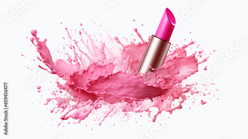 Pink lipstick with pink paint splashes on white background