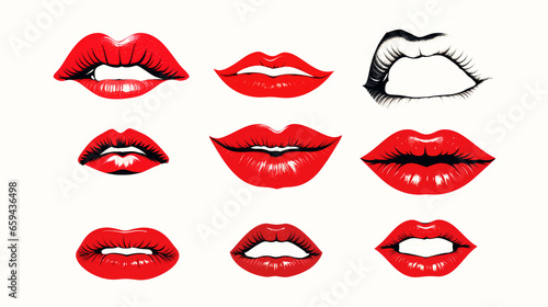 Set of female red lips with lipstick as illustration design elements