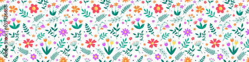 Floral seamless pattern. Transparent spring background with blowing flowers and leaves. Banner. PNG illustration