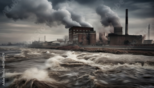 Dirty factory smokestacks pollute nature air and water supply generated by AI photo