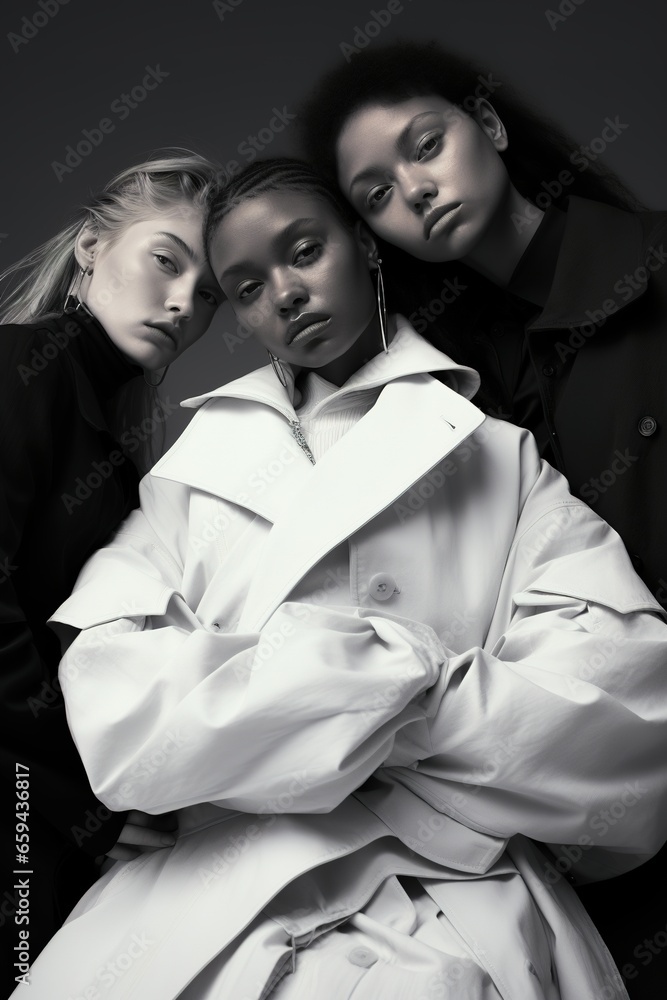 Against a studio backdrop, three young multi ethnic women, diverse fashion icons stand shoulder to shoulder.