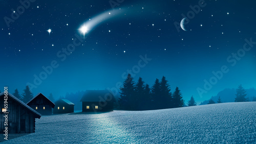 Verschneites Dorf mit bleuchteten Fenstern  in einer Kalten Winternacht
