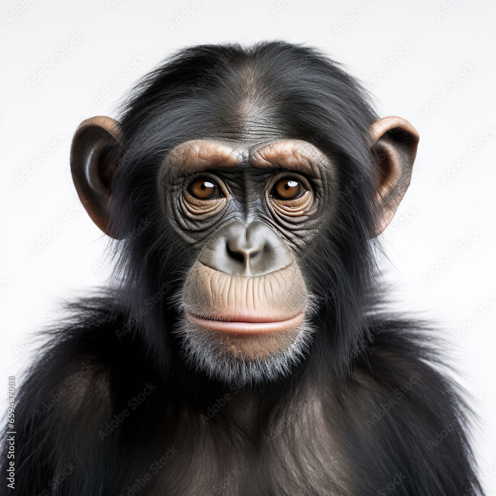 Fototapeta premium Funny monkey portrait generative AI illustration isolated on white background. Lovely animals concept