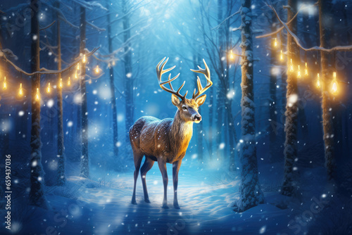 A magic reindeer in glowing lights in a winter scene © Kien