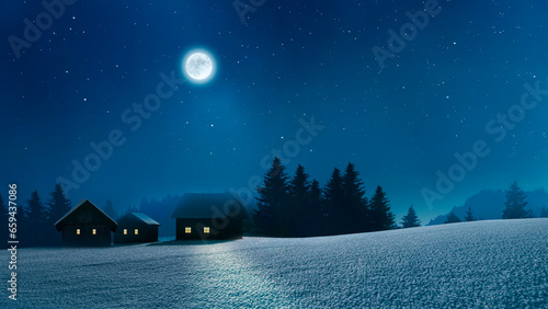 Verschneites Dorf mit bleuchteten Fenstern  in einer Kalten Winternacht photo
