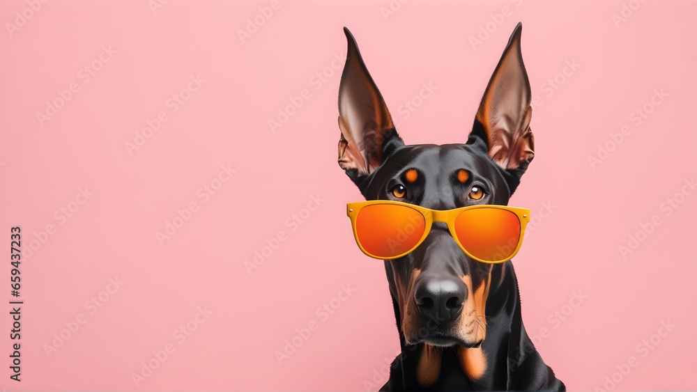 Doberman dog in sunglass shade on a solid uniform background, editorial advertisement, commercial. Creative animal concept. With copy space for your advertisement