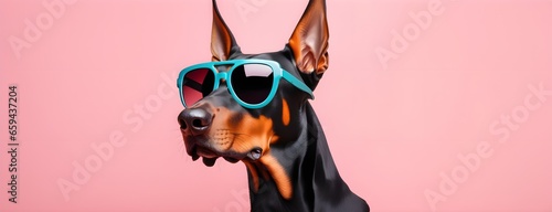Doberman dog in sunglass shade on a solid uniform background, editorial advertisement, commercial. Creative animal concept. With copy space for your advertisement © 360VP