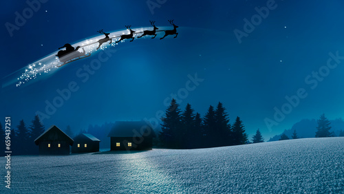 Santa Claus fliegt über ein verschneites Dorf im Winter