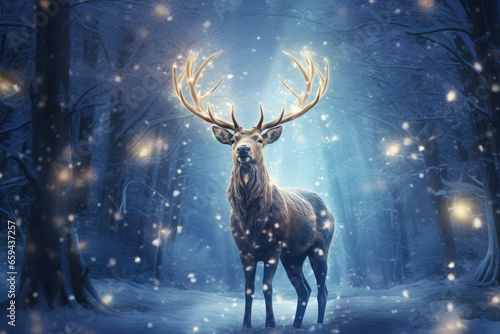 A magic reindeer in glowing lights in a winter scene