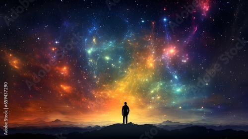 Silhouetted Individual Contemplating Expansive Universe, Symbolizing Inner Potential and Cosmic Connection photo