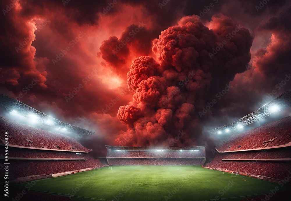 Fiery Atmosphere at Football Stadium, Red Smoke Spectacle Over Soccer