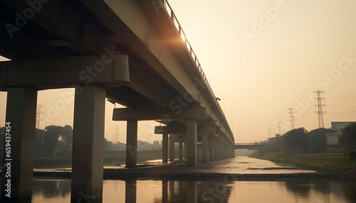 Modern overpass connects city life with tranquil nature at dawn generated by AI