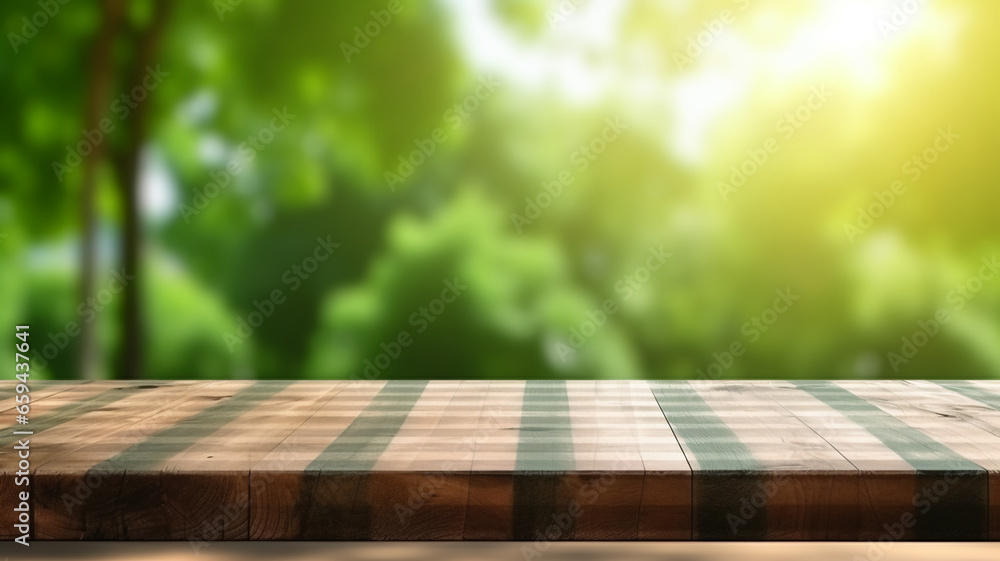 Sun-dappled garden backdrop with a close-up of a green and white checkered tablecloth spread neatly over a wooden table