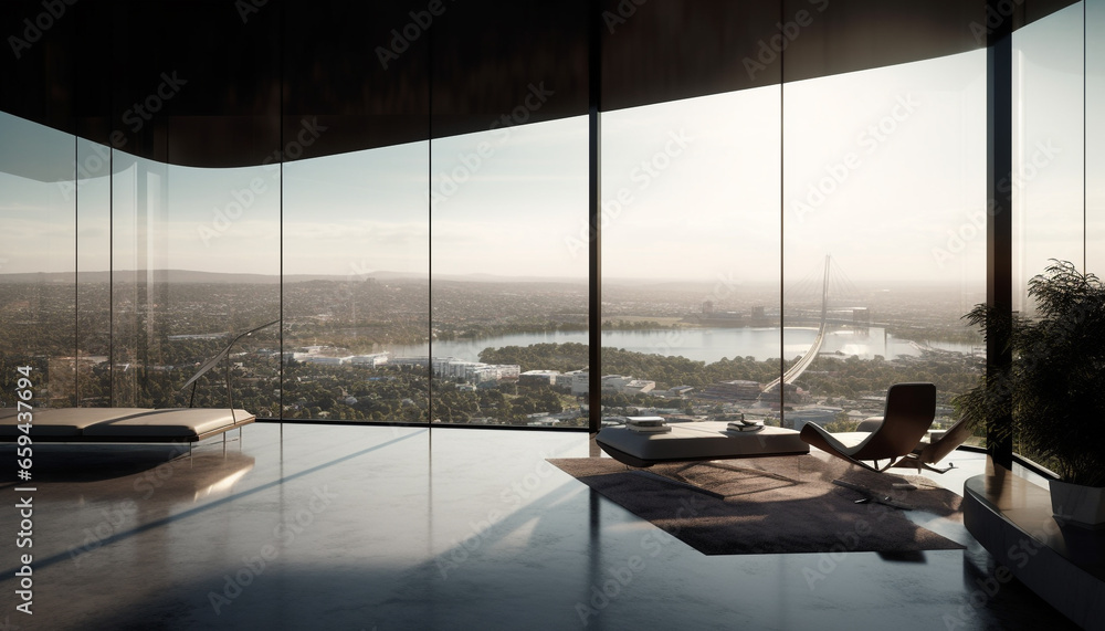 Fototapeta premium Modern office with panoramic cityscape view through glass window generated by AI