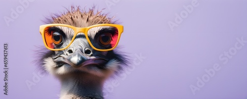 Bird ostrich emu in sunglass shade on a solid uniform background, editorial advertisement, commercial. Creative animal concept. With copy space for your advertisement