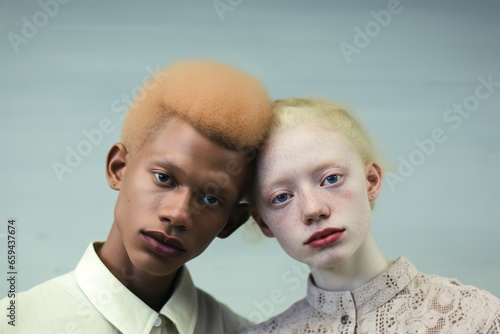 Close-up portrait of two individuals, one with albinism and the other with vitiligo, both showcasing unique beauty standards, standing against a muted gradient backdrop, looking directly at the camera