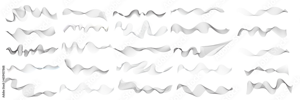 Set of 25 wavy technology curve lines background. Set of Grey wave swirl, twisted curve lines with blend effect. Frequency sound wave lines. Abstract business wave lines. vector illustration