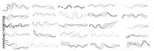 Set of 25 wavy technology curve lines background. Set of Grey wave swirl, twisted curve lines with blend effect. Frequency sound wave lines. Abstract business wave lines. vector illustration