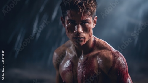 A barechested man with blood on his face gazes into the distance, his muscles taut with determination and his human spirit unbreakable in the face of adversity