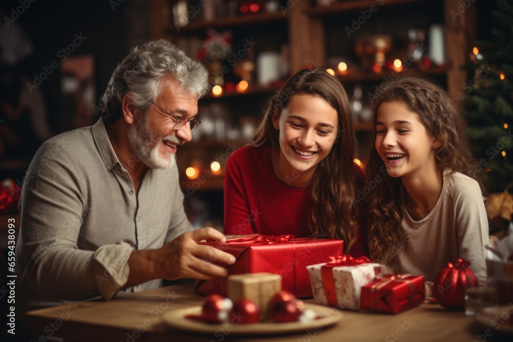 Cute girl with a Christmas gift and parents in the Christmas room at home. AI generative Cute girl with a Christmas gift and parents in the Christmas room at home. AI generative