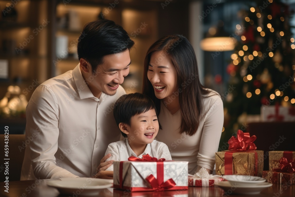 Asian cute Boy with a Christmas gift and parent's mother and father in the Christmas room at home. AI generative