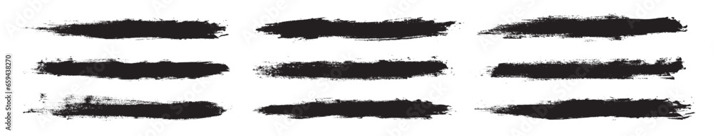 Black paint brush strokes isolated on white background. Paintbrush set template. Grunge texture effect. Graphic design elements grungy painted style concept for banner, flyer, cover, brochure, etc - obrazy, fototapety, plakaty 